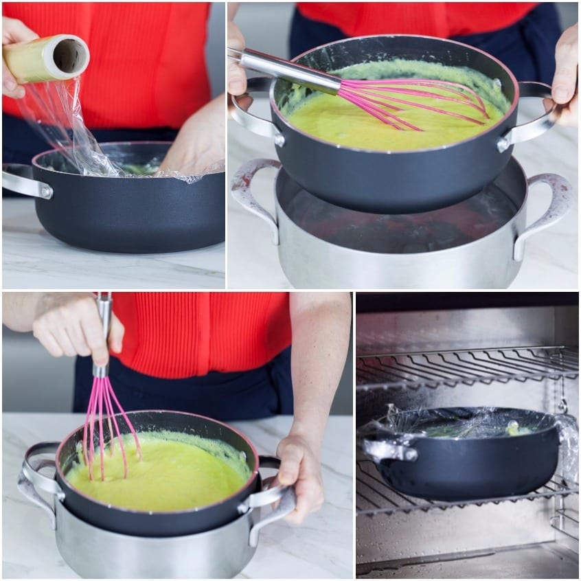 Composto verde per gelato alla crema raffreddato a bagnomaria di ghiaccio e mescolato con una frusta