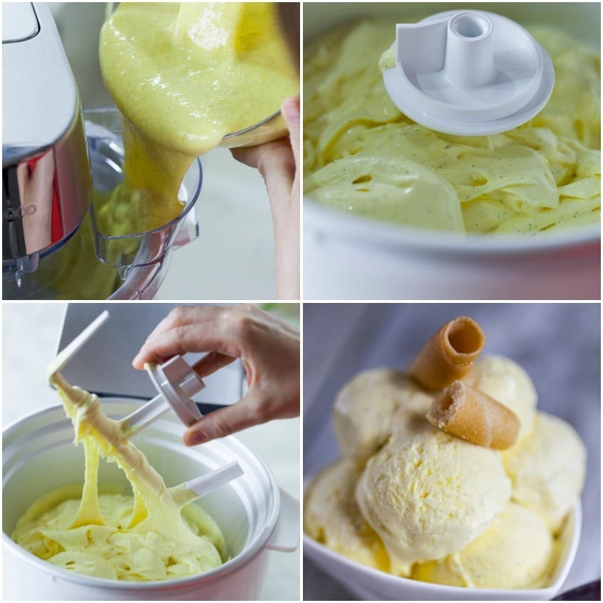 Composto alla crema versato nella gelatiera e mantecato fino a ottenere un gelato soffice