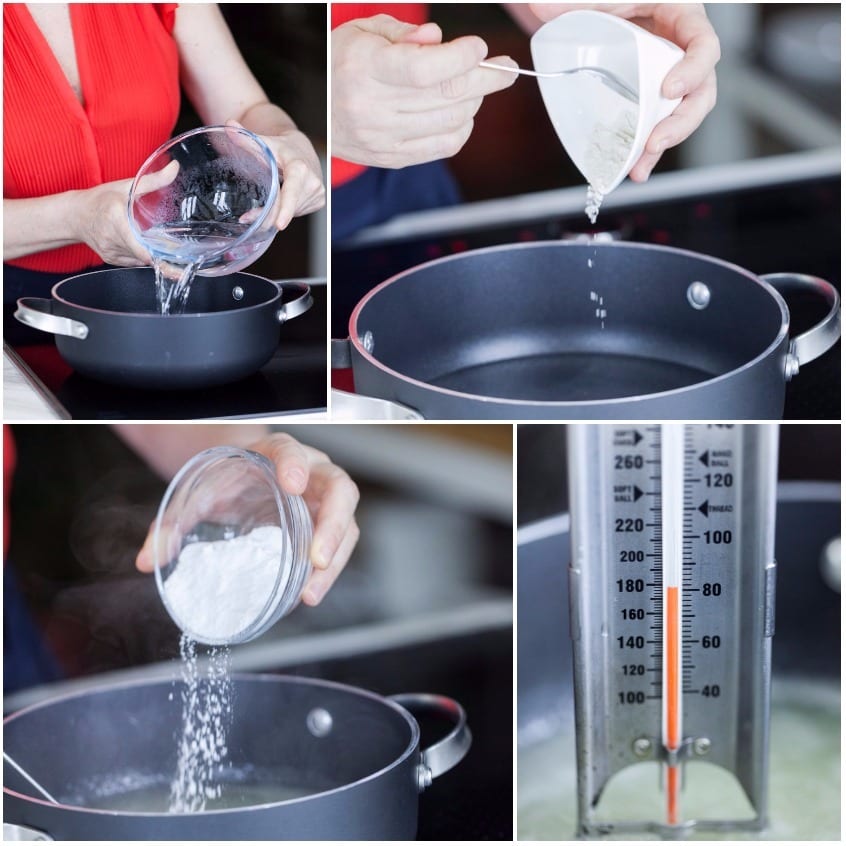 Acqua, succo di limone filtrato e zucchero versati in pentola, con termometro da cucina immerso