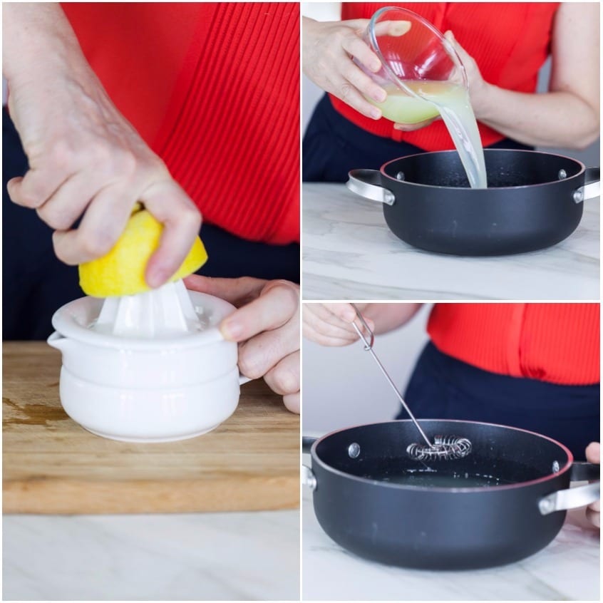 Succo di limone appena spremuto versato in padella e amalgamato con una frusta