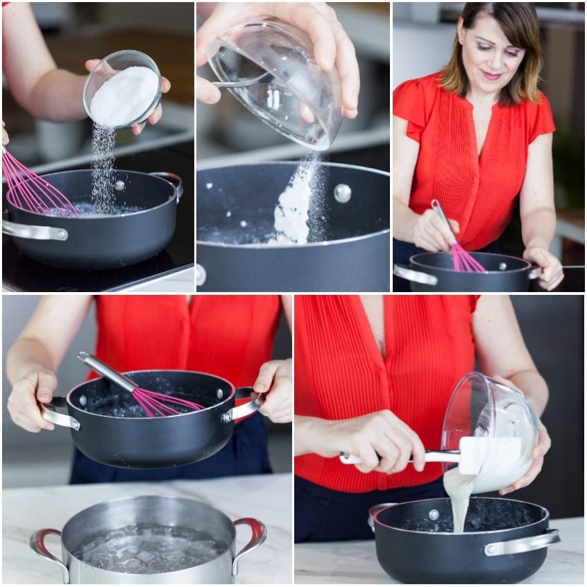 Una donna versa zucchero nel latte caldo mescolando con una frusta, poi aggiunge yogurt al composto raffreddato sul ghiaccio
