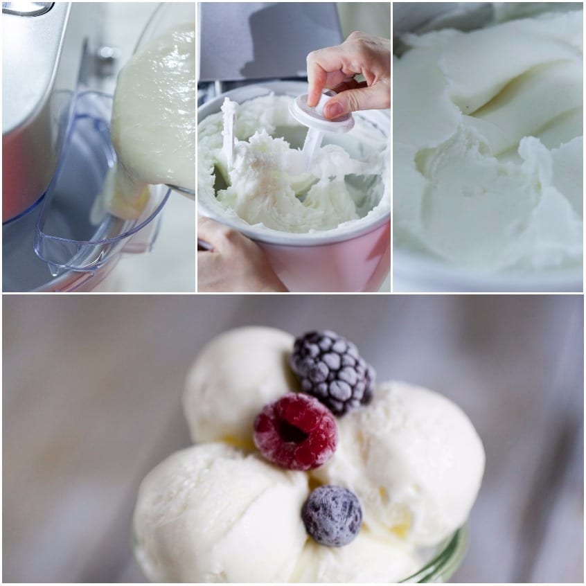 Tre fasi del gelato allo yogurt: versamento del composto, mantecatura e palline guarnite con frutti di bosco