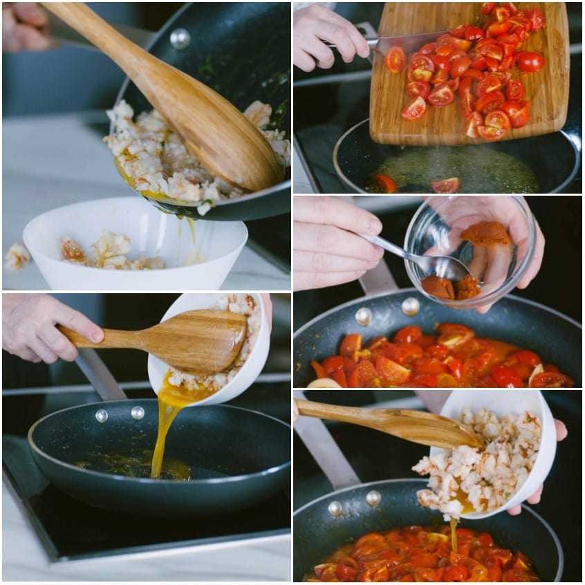 Pomodorini tagliati versati in padella, poi condimento al curry aggiunto mentre i gamberi vengono uniti al sugo