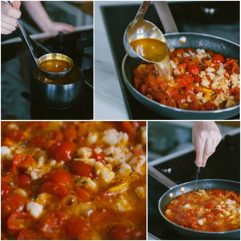 Bisque versata con un mestolo sui pomodorini e gamberi in padella, poi salatura finale