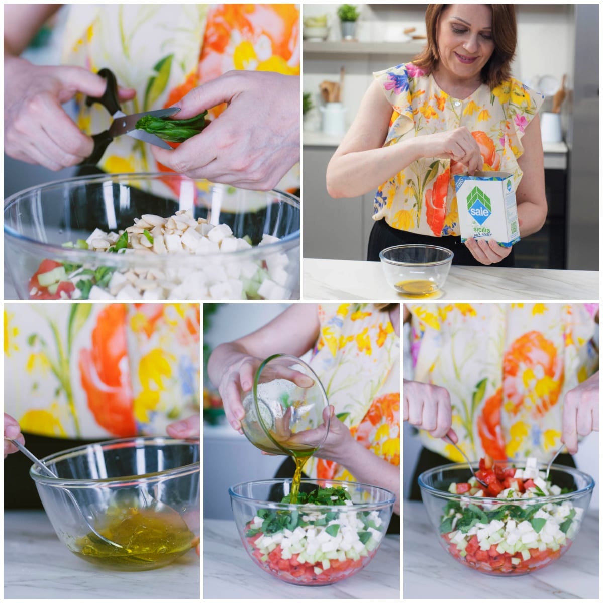 Condimento all'olio versato su anguria, feta e cetrioli conditi in ciotola trasparente