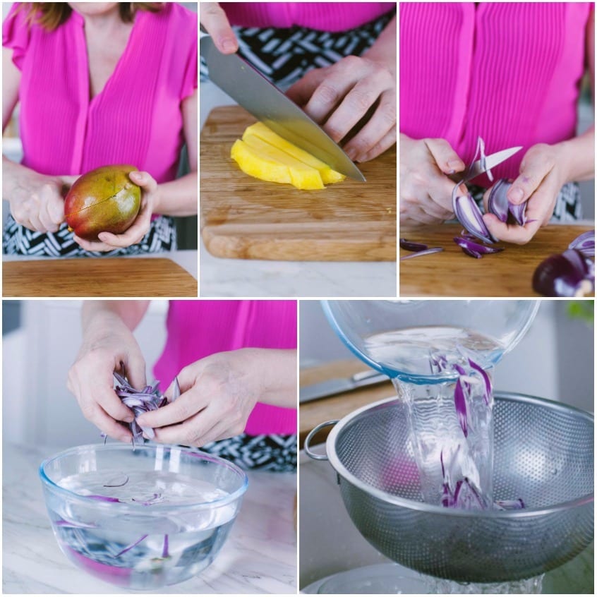 Mango pelato e tagliato a listarelle, cipolla rossa affettata e ammollata in acqua poi scolata