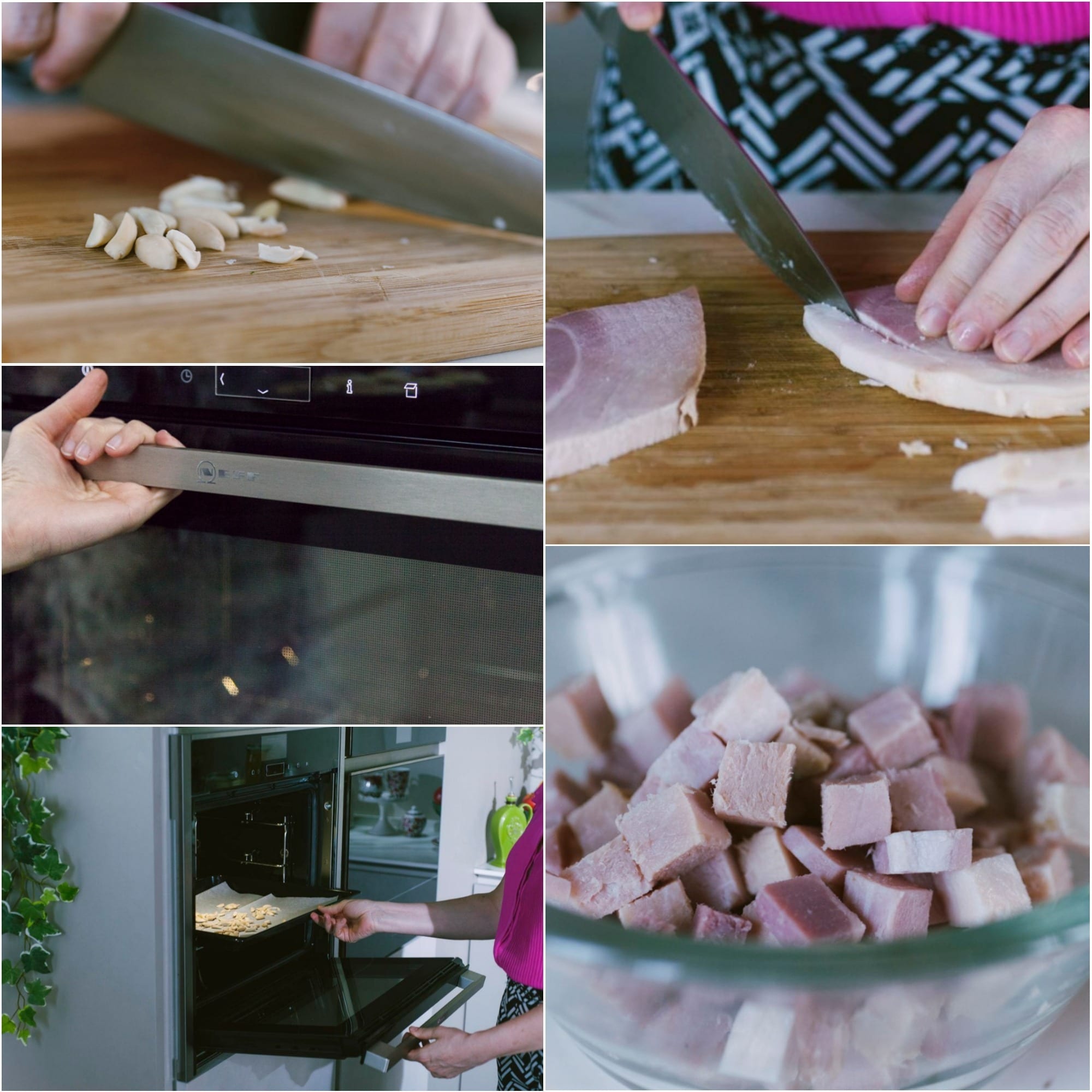 Cubetti di prosciutto cotto in una ciotola e mandorle affettate sul tagliere