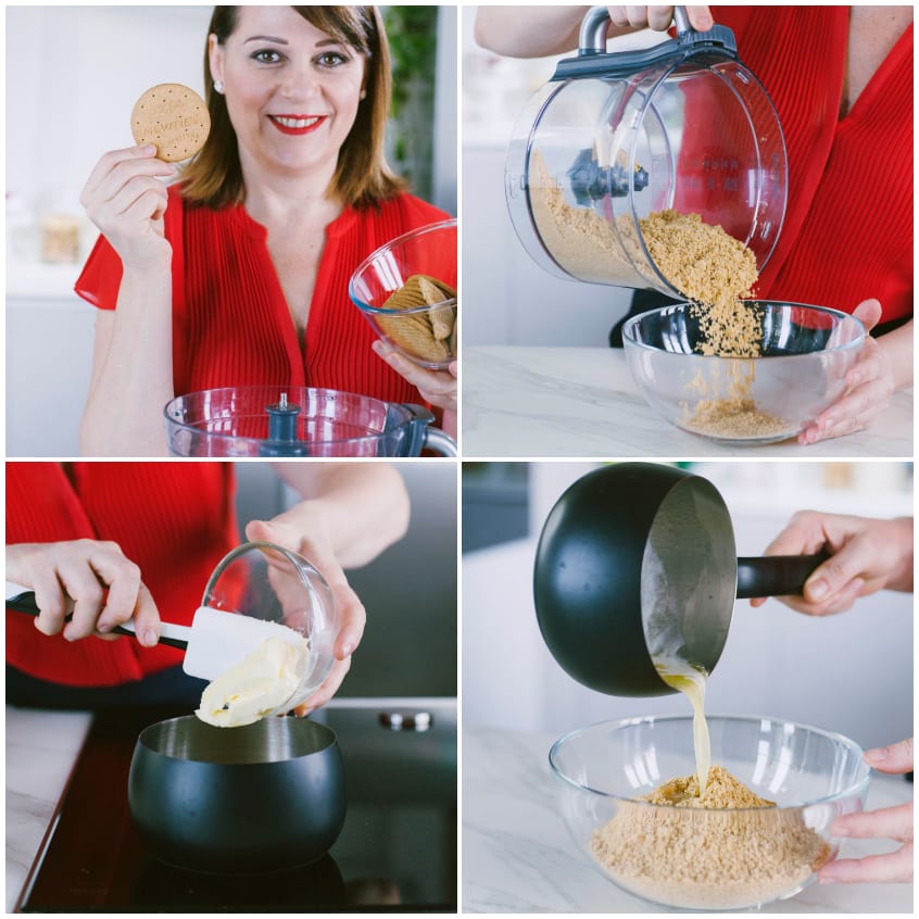 Biscotti tritati nel mixer, burro fuso versato nella ciotola per preparare la base della key lime pie