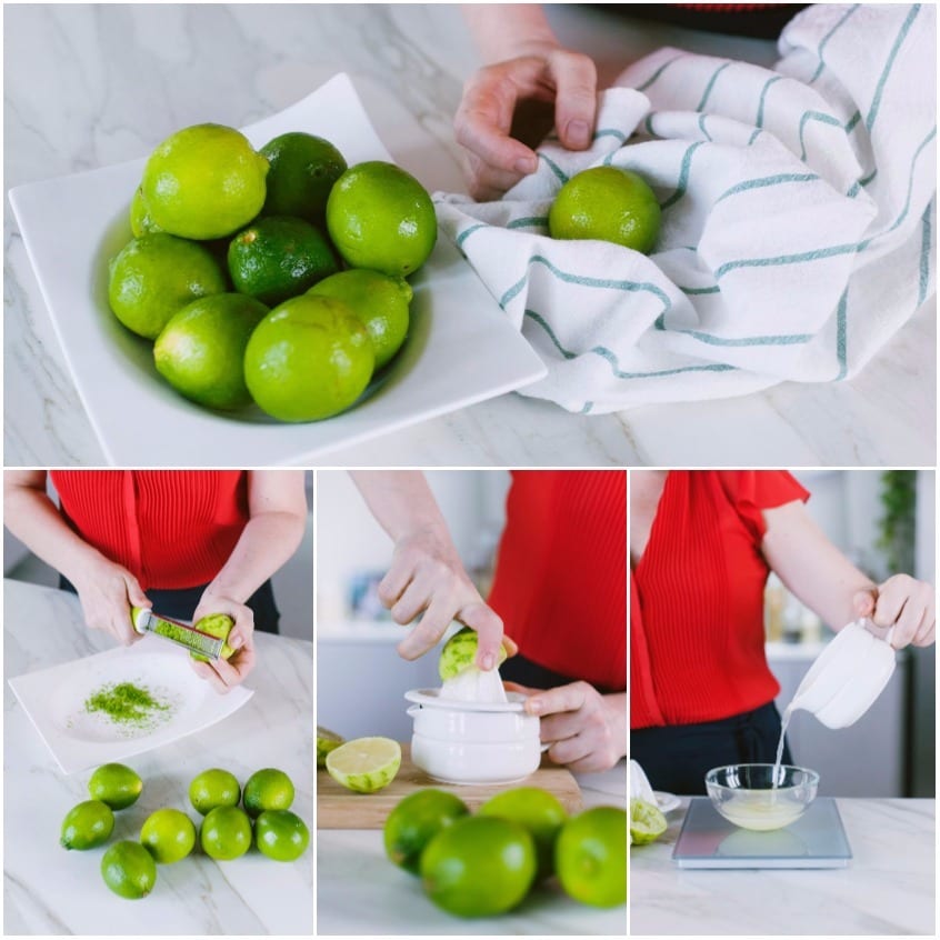 Lime lavati, scorza grattugiata e succo spremuto e versato in una ciotola
