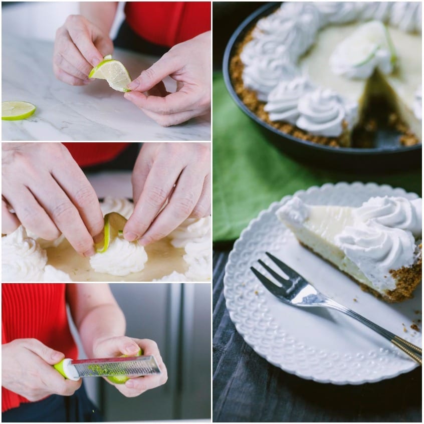 Fettina di lime posizionata tra le rosette di panna e scorza grattugiata con una grattugia