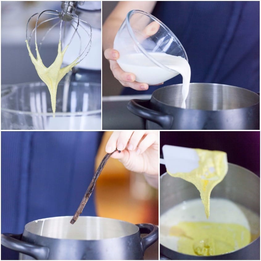 Crema pasticcera in preparazione: uova montate, latte versato, bacca di vaniglia e composto giallo che cola dalla spatola