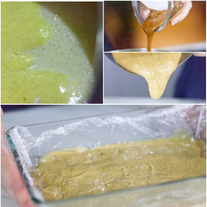 Crema pasticcera alla nocciola versata in pirofila e coperta con pellicola a contatto