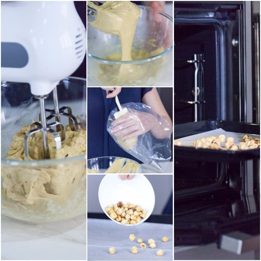 Impasto cremoso montato con le fruste, trasferito in sac à poche, e nocciole tostate su teglia