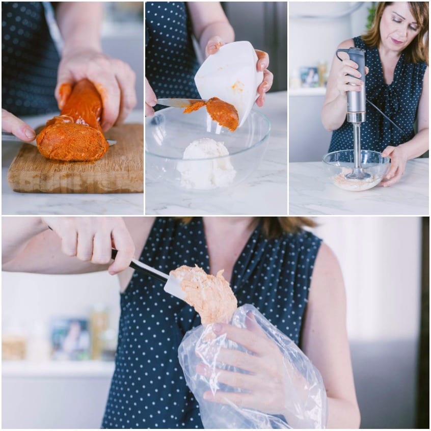 Nduja frullata con ricotta e trasferita in una sac à poche per la farcitura