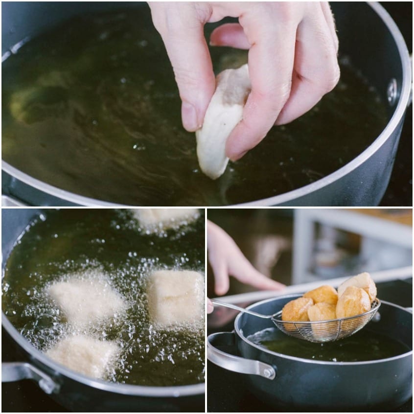 Cubotti di pasta lievitata immersi nell'olio bollente e scolati dorati con il colino