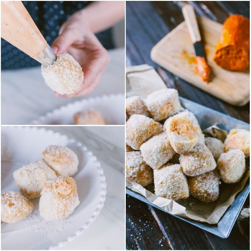 Farcitura con sac à poche di bocconcini di pasta lievitata fritta impanati e pronti da servire