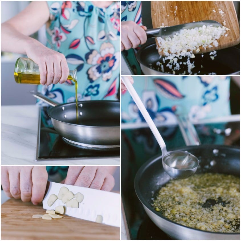 Soffritto di cipollotto tritato in padella con olio e aglio affettato