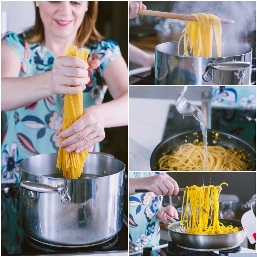 Spaghetti calati in acqua bollente, scolati al dente e mantecati in padella con acqua di cottura