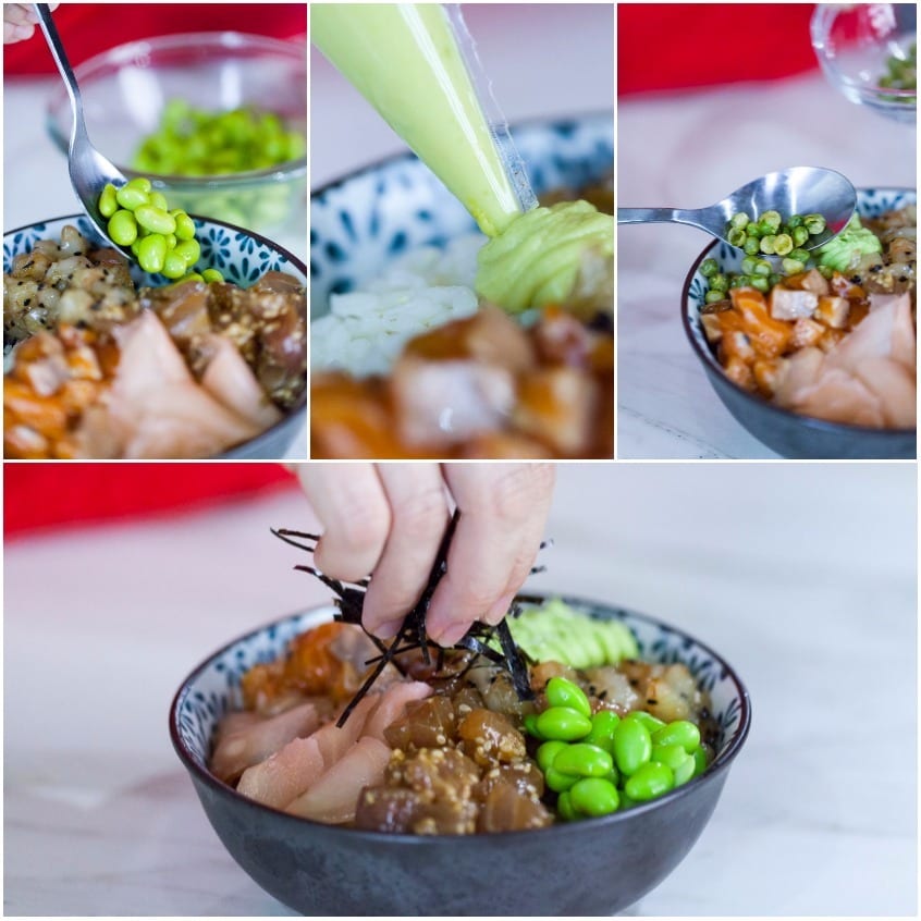 Aggiunta di edamame, salsa avocado e alga nori a listarelle sulla poke bowl