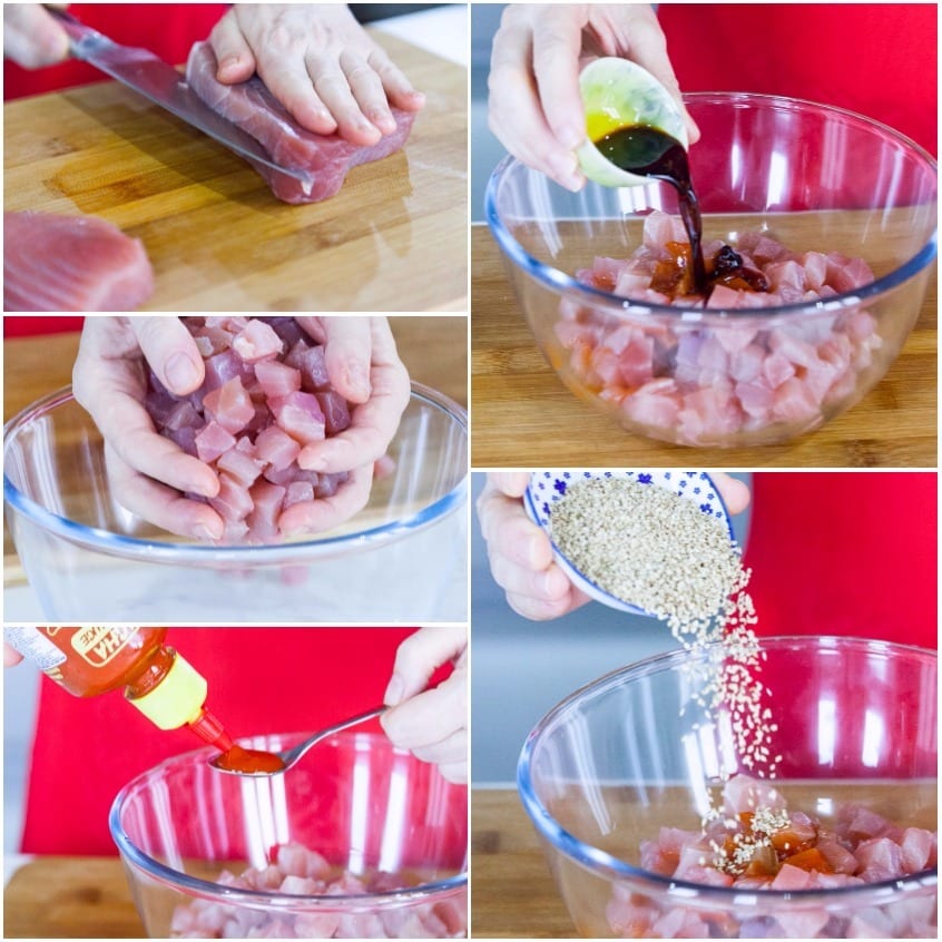 Cubetti di tonno crudo conditi con salsa di soia, sriracha e semi di sesamo in una ciotola