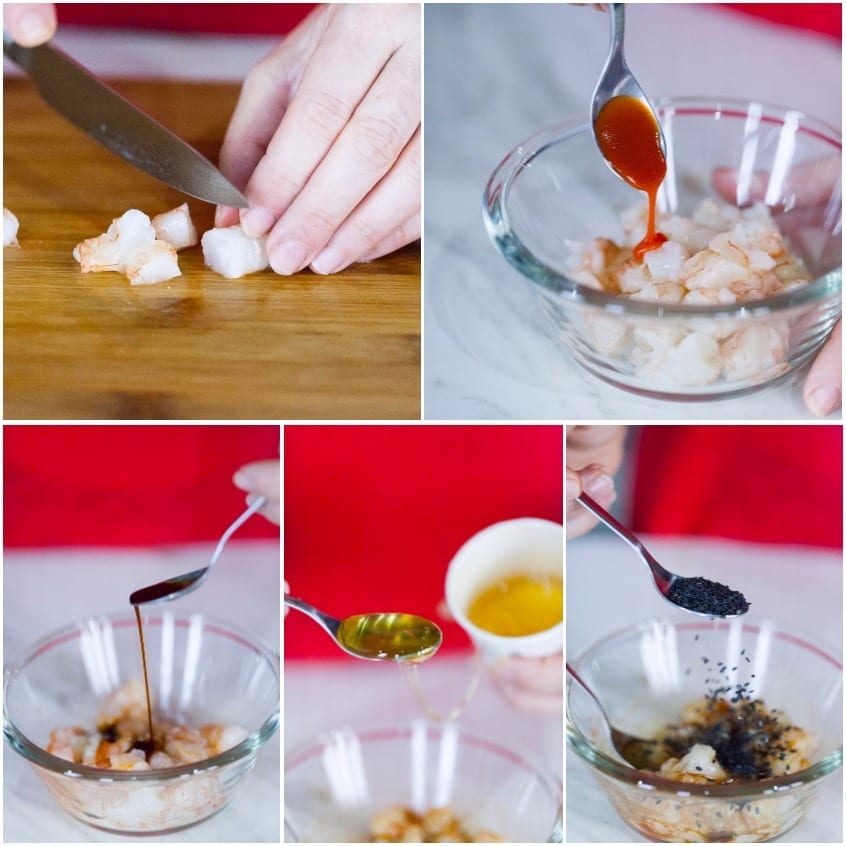 Gamberi a tocchetti conditi con sriracha, salsa di soia, miele e sesamo nero