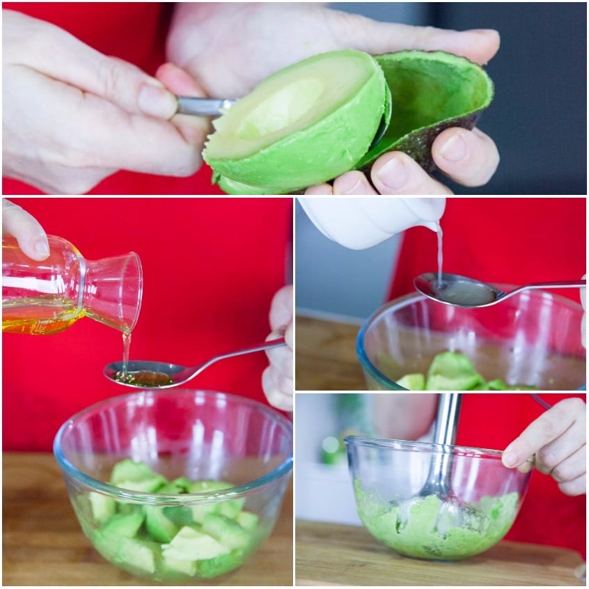 Polpa di avocado a cubetti condita con olio e succo di lime, poi frullata fino a ottenere una crema