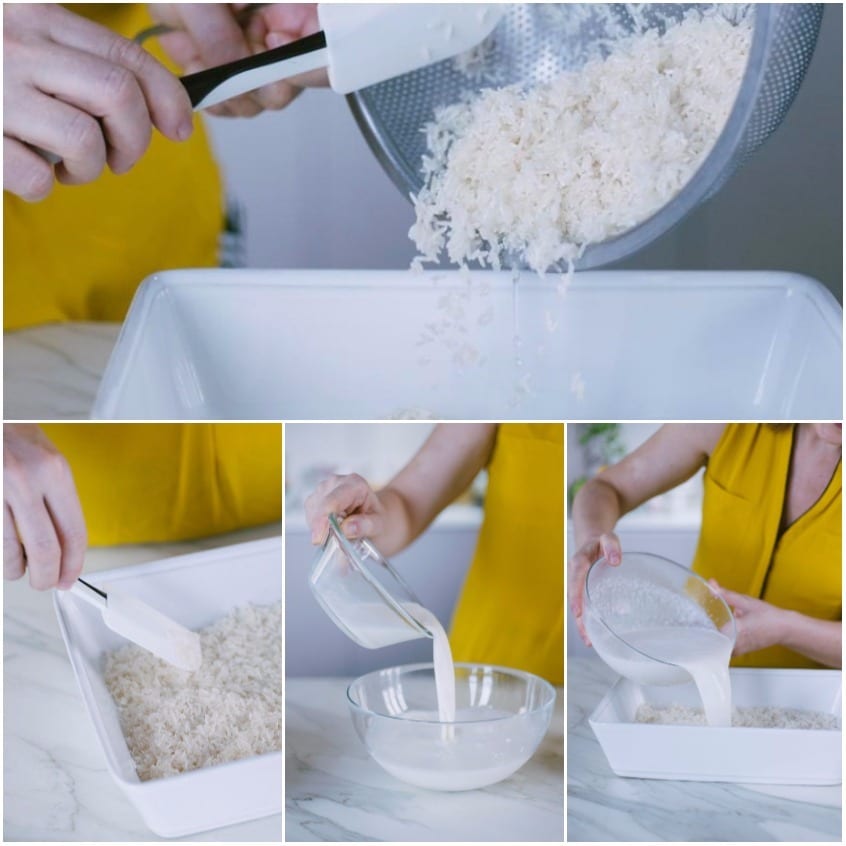 Riso crudo versato in pirofila, poi latte e latte di cocco mescolati e aggiunti sopra