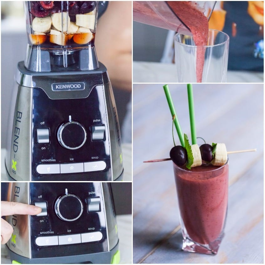 Frullatore con frutta a pezzi, smoothie di ciliegia versato nel bicchiere e servito con guarnizione di ciliegie e banana