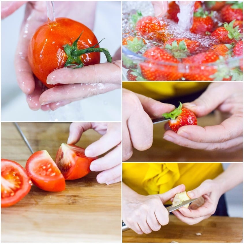 Lavaggio di pomodoro e fragole, poi taglio a pezzi e pelatura dello zenzero fresco