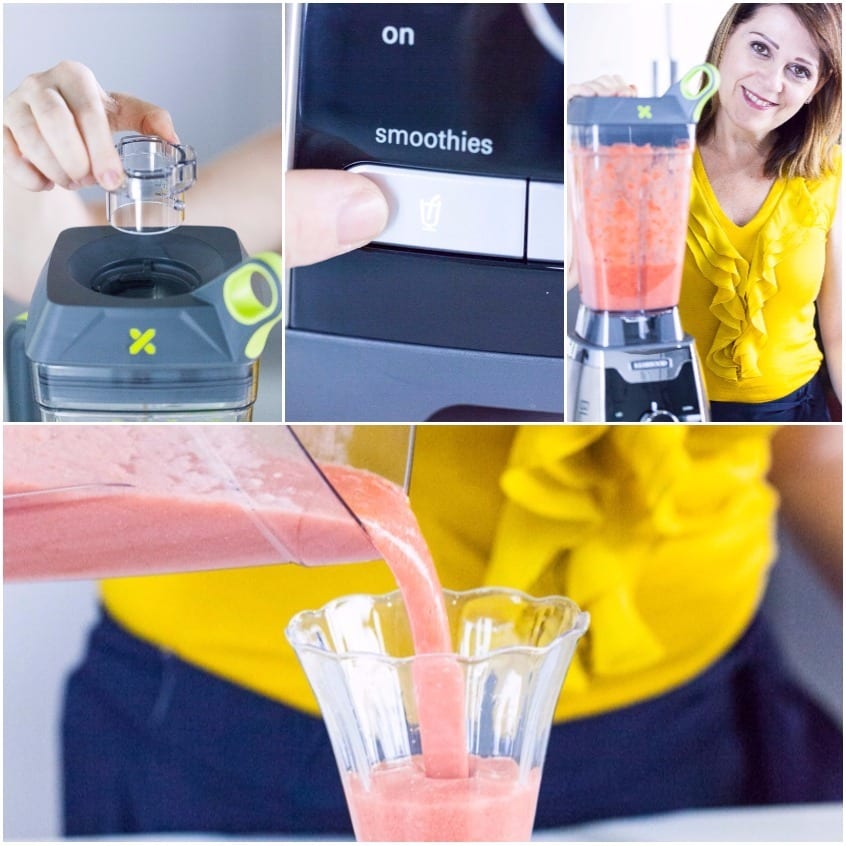Smoothie di fragola versato nel bicchiere dopo la frullatura