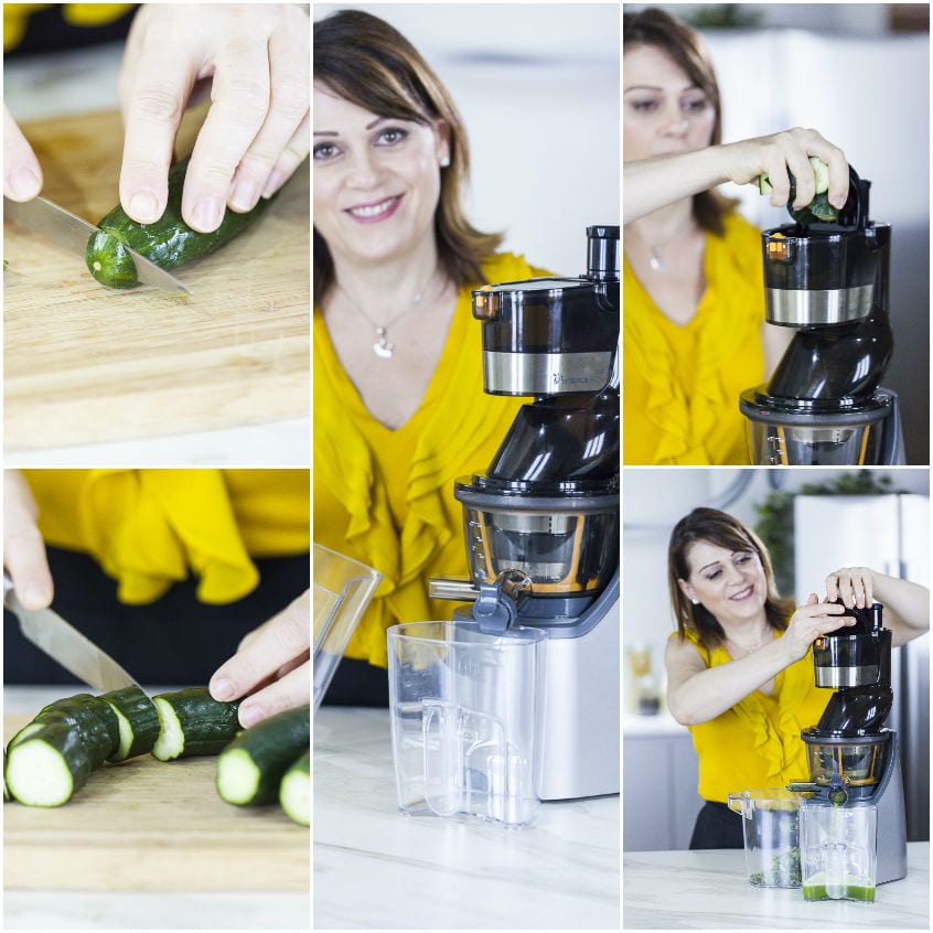 Cetrioli tagliati a tocchetti e inseriti nell'estrattore per ricavare il succo verde