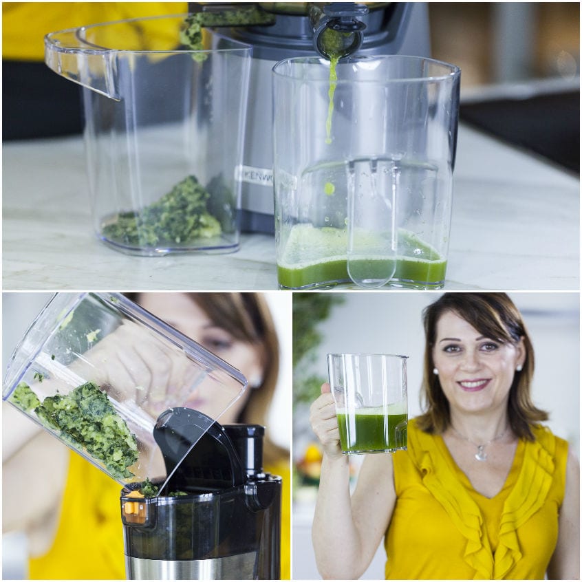 Succo verde di cetriolo che cola dall'estrattore nel bicchiere raccoglitore