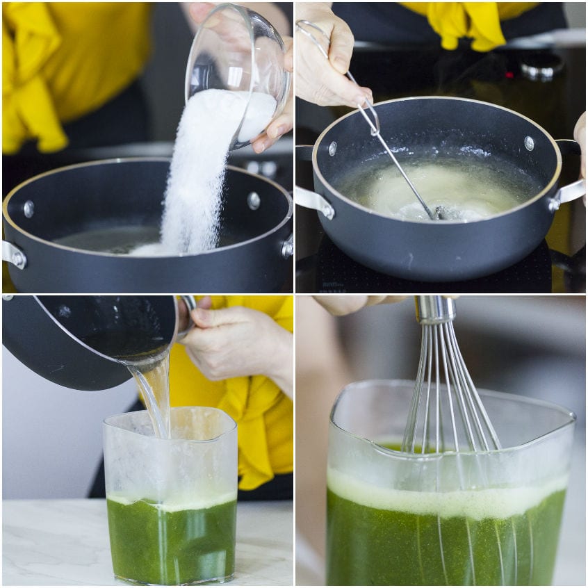 Sciroppo di zucchero versato nel succo verde di cetriolo e mescolato con una frusta