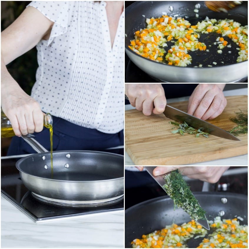 Preparazione del soffritto con verdure tritate ed erbe aromatiche per il ragù di coniglio