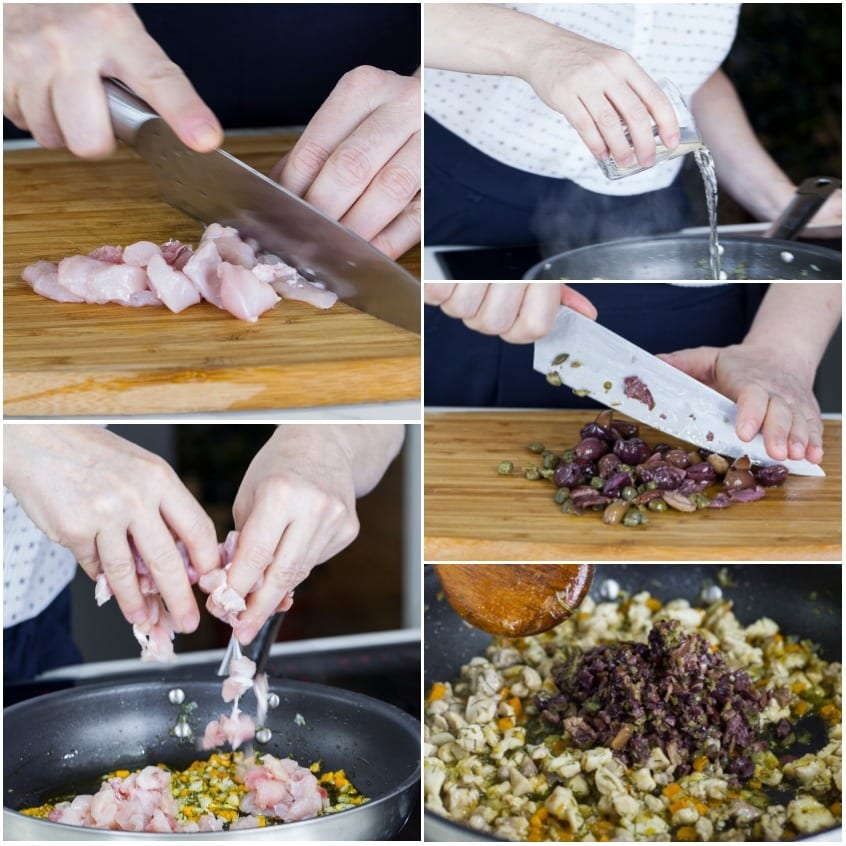 Preparazione del ragù di coniglio: coniglio a cubetti, sfumatura col vino e olive e capperi tritati aggiunti in padella