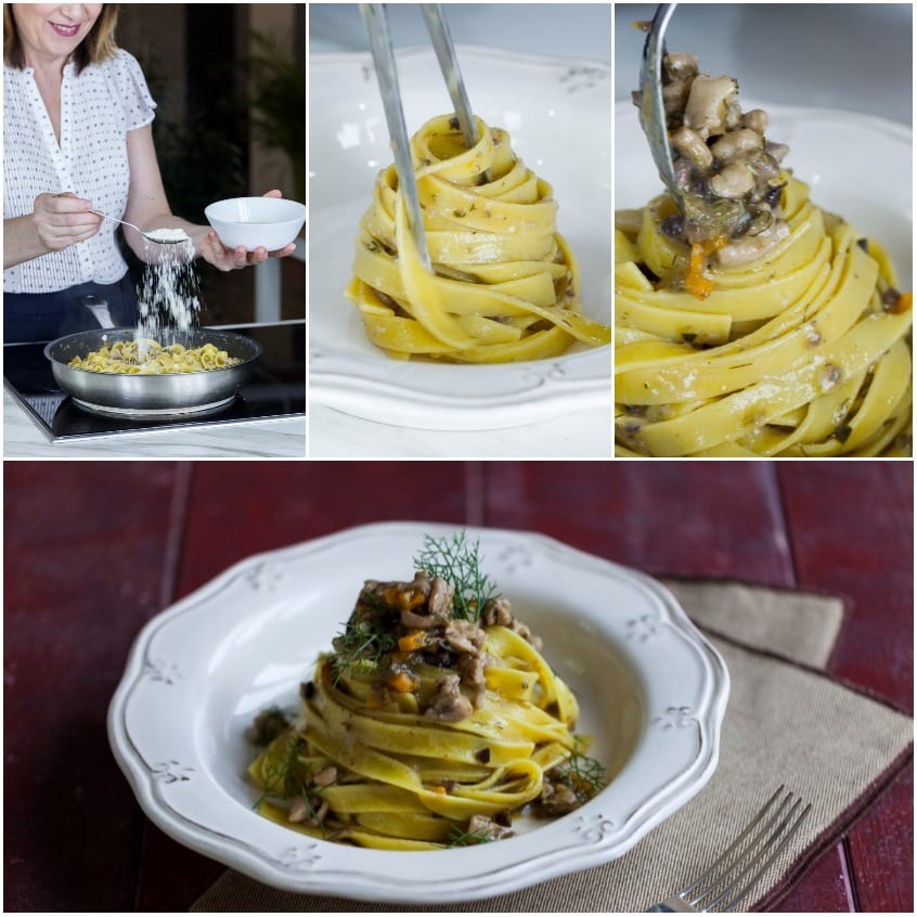 Tagliatelle al ragù di coniglio arrotolate a nido e servite con formaggio grattugiato e finocchietto fresco