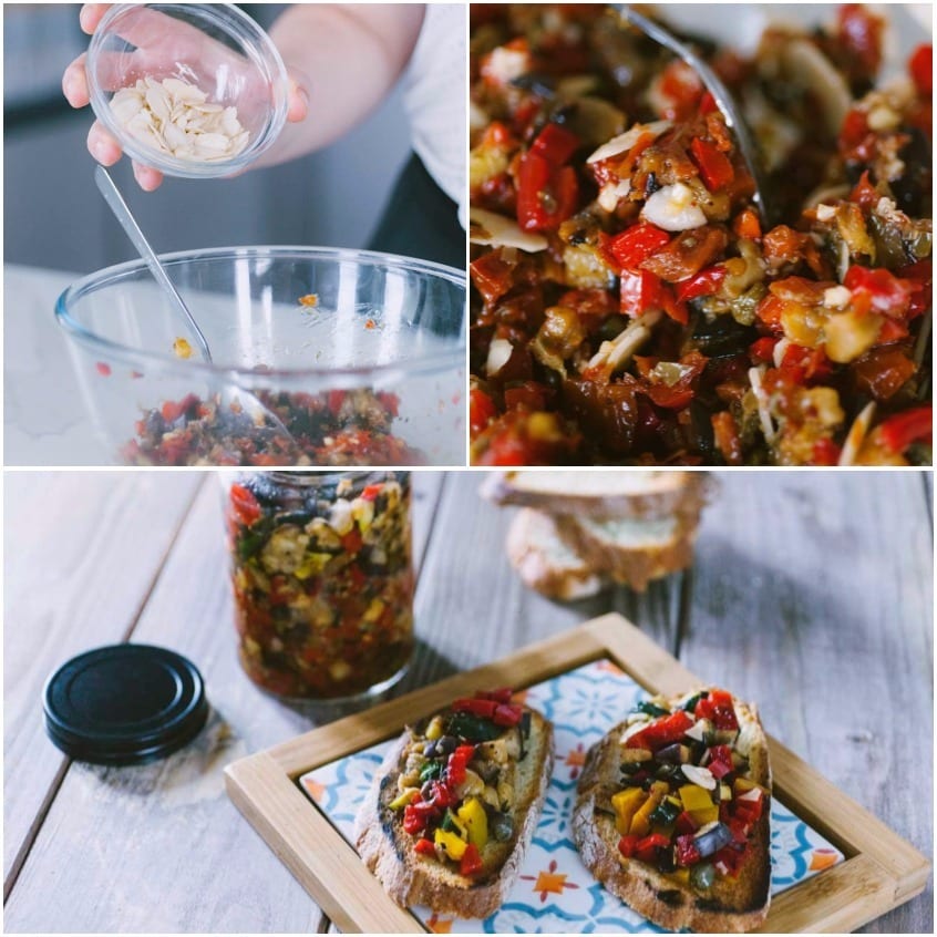 Tartare di verdure grigliate servita su bruschette e conservata in vasetto