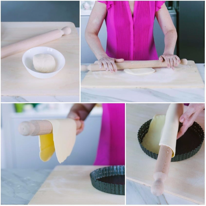 Pasta brisée stesa con il mattarello e trasferita nello stampo per rivestirlo