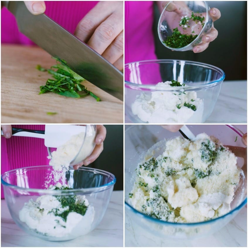 Erbe tritate aggiunte alla ricotta con formaggio grattugiato in una ciotola