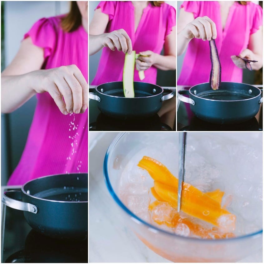 Fette di zucchina e carota sbollentate in acqua, poi raffreddate in acqua e ghiaccio