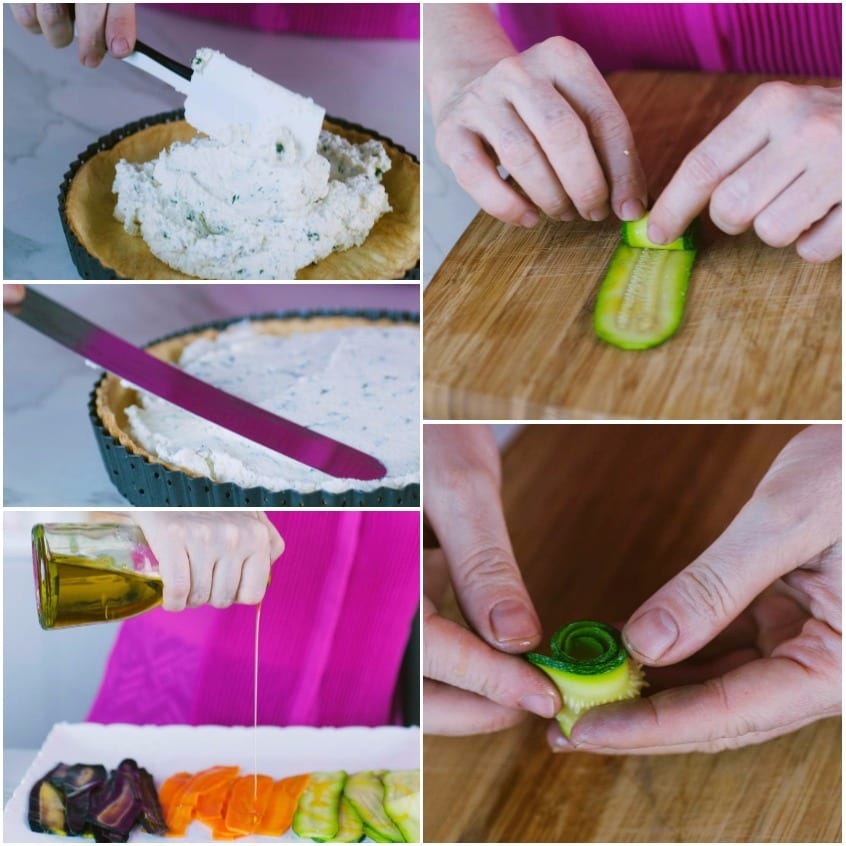 Fette di zucchina arrotolate a rosellina e crema di ricotta spalmata sulla base di pasta frolla