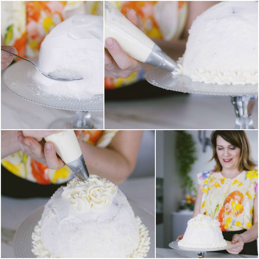 Decorazione dello zuccotto con ciuffi di panna montata applicati con sac à poche