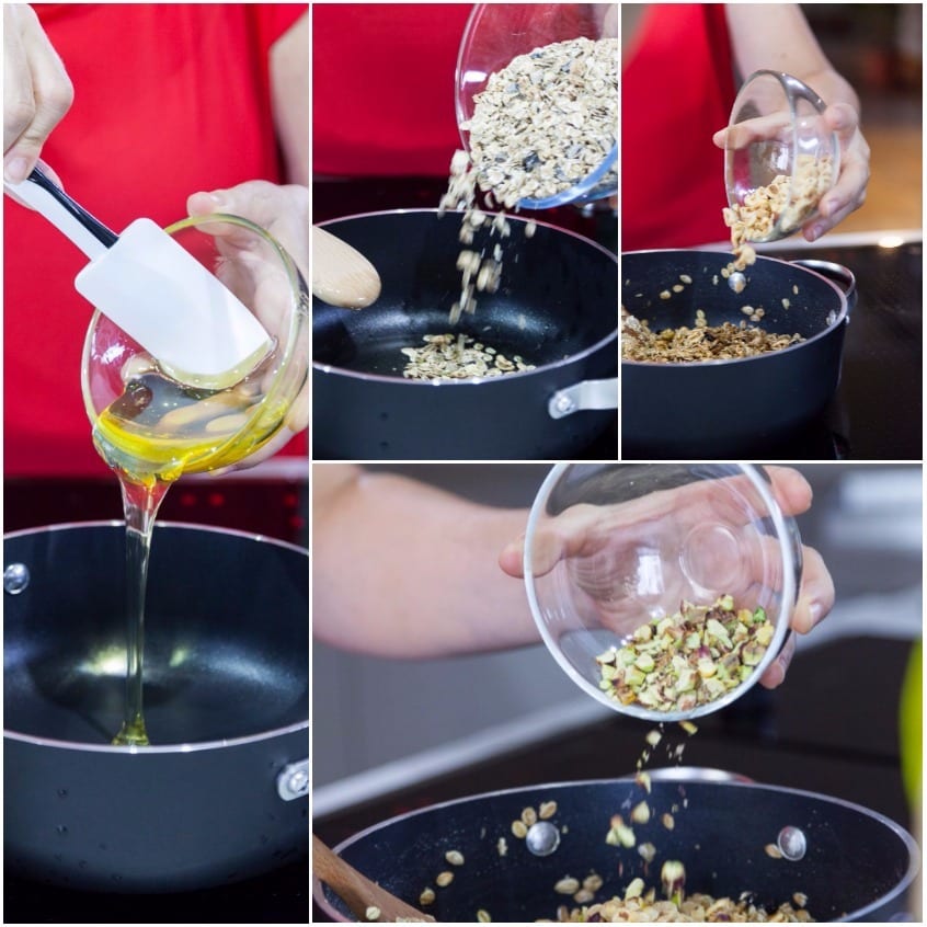 Miele, cereali e pistacchi tritati aggiunti in padella per preparare le barrette