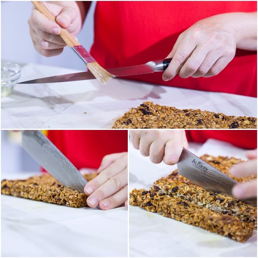 Lama spennellata e taglio a strisce del composto di cereali e uvetta per ottenere le barrette