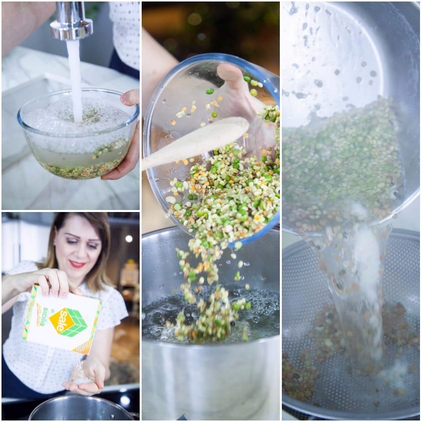Cereali misti sciacquati, versati in acqua bollente salata e scolati in un colino