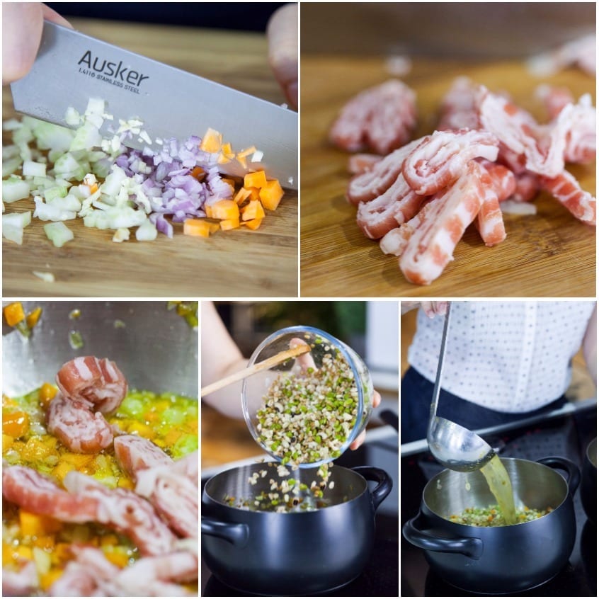 Soffritto di sedano, carota e scalogno tritati, bacon a listarelle e cereali versati in pentola con brodo
