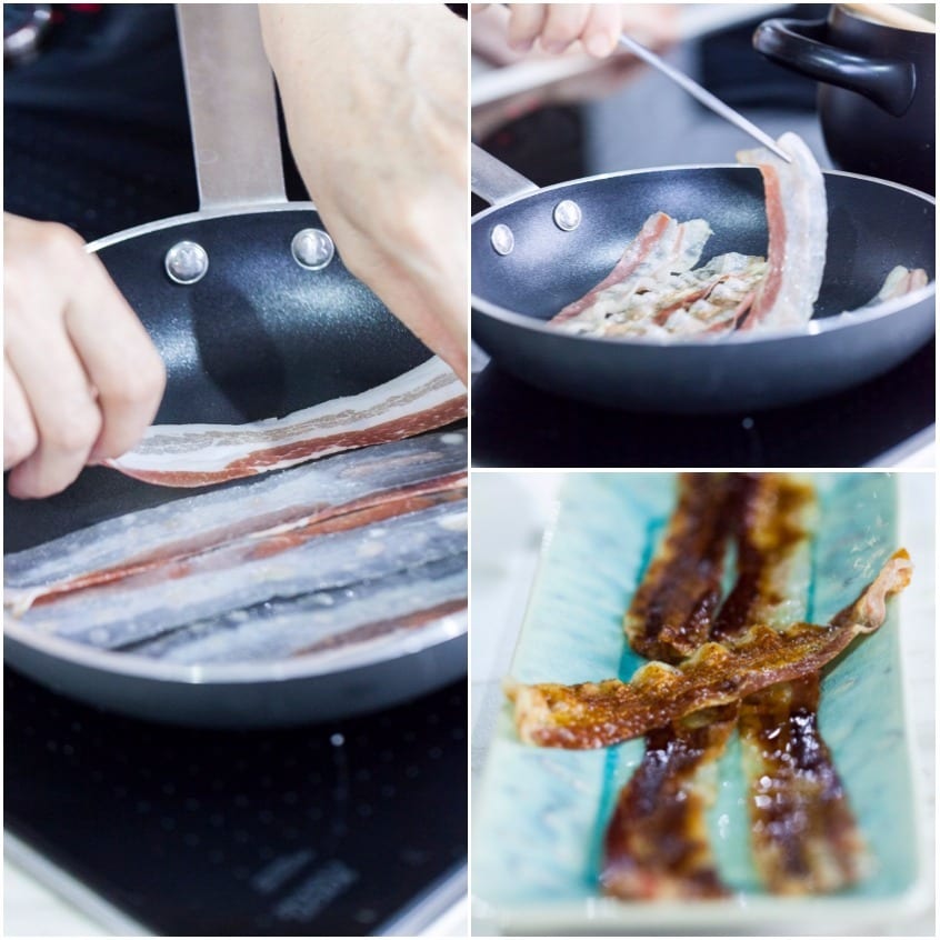Fette di bacon rosolate in padella, poi messe da parte ben croccanti e dorate