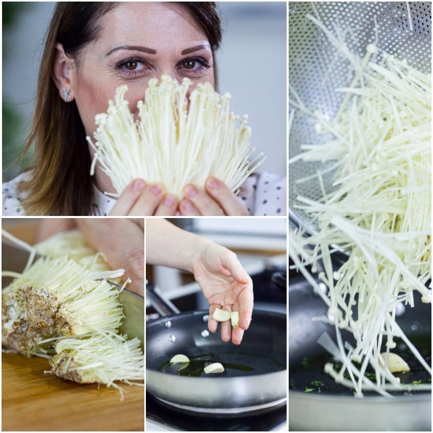 Funghi enoki puliti e saltati in padella con aglio e olio extravergine