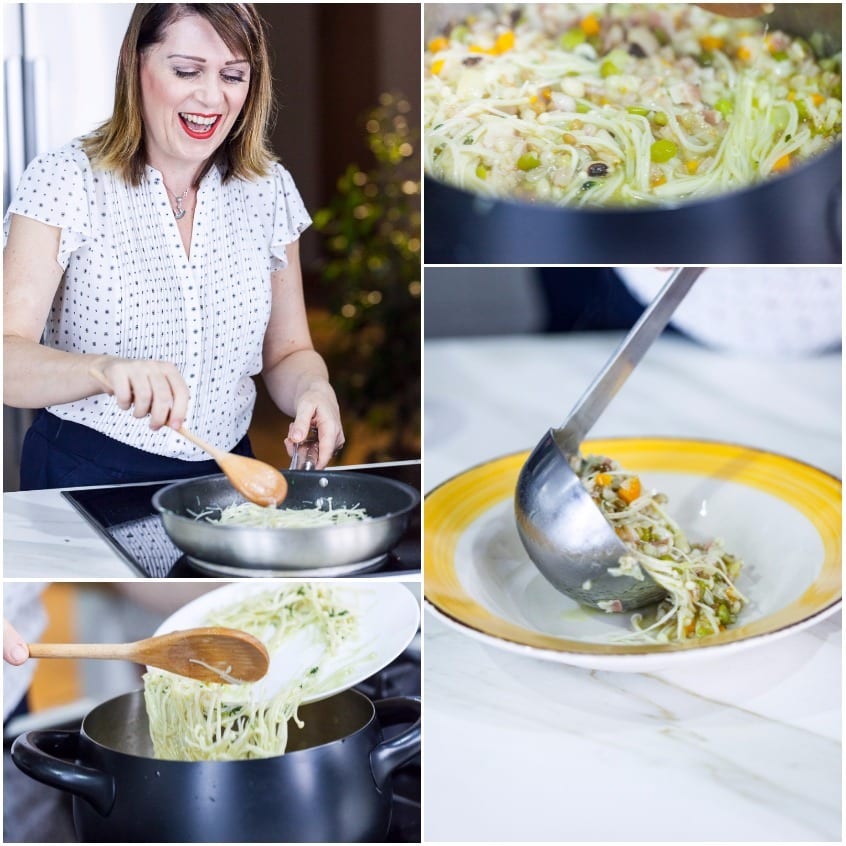 Mestolo che versa pasta fine con verdure nella zuppa di cereali durante l'impiattamento