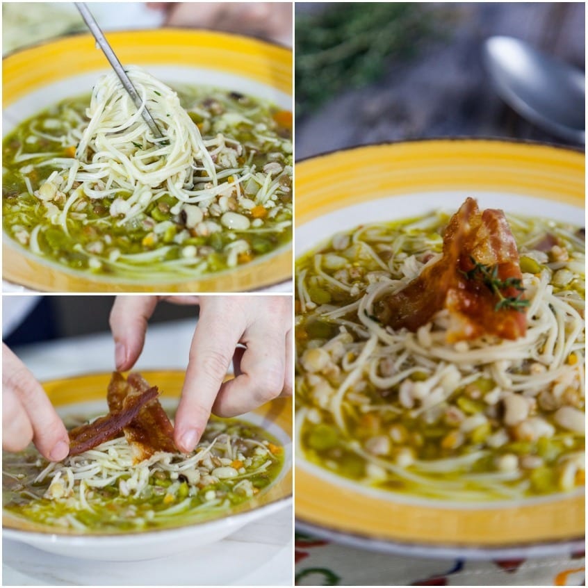 Zuppa di cereali con spaghettini adagiati sopra e bacon croccante aggiunto a mano